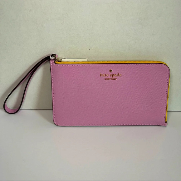 kate spade Handbags - NWT Kate Spade Lucy Lavender Pink & Yellow Leather L-Zip Wristlet KH765 Wallet